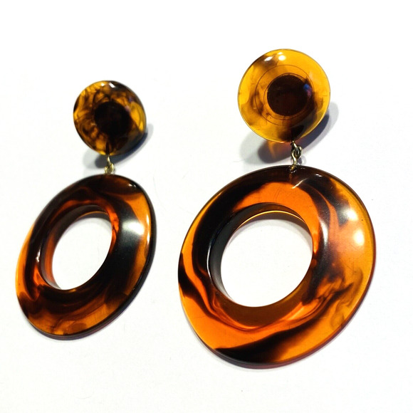 Vintage Y2K Mod Hoop Pierced Earrings Acrylic Faux Tortoise Shell Caramel Swirl - Picture 3 of 7
